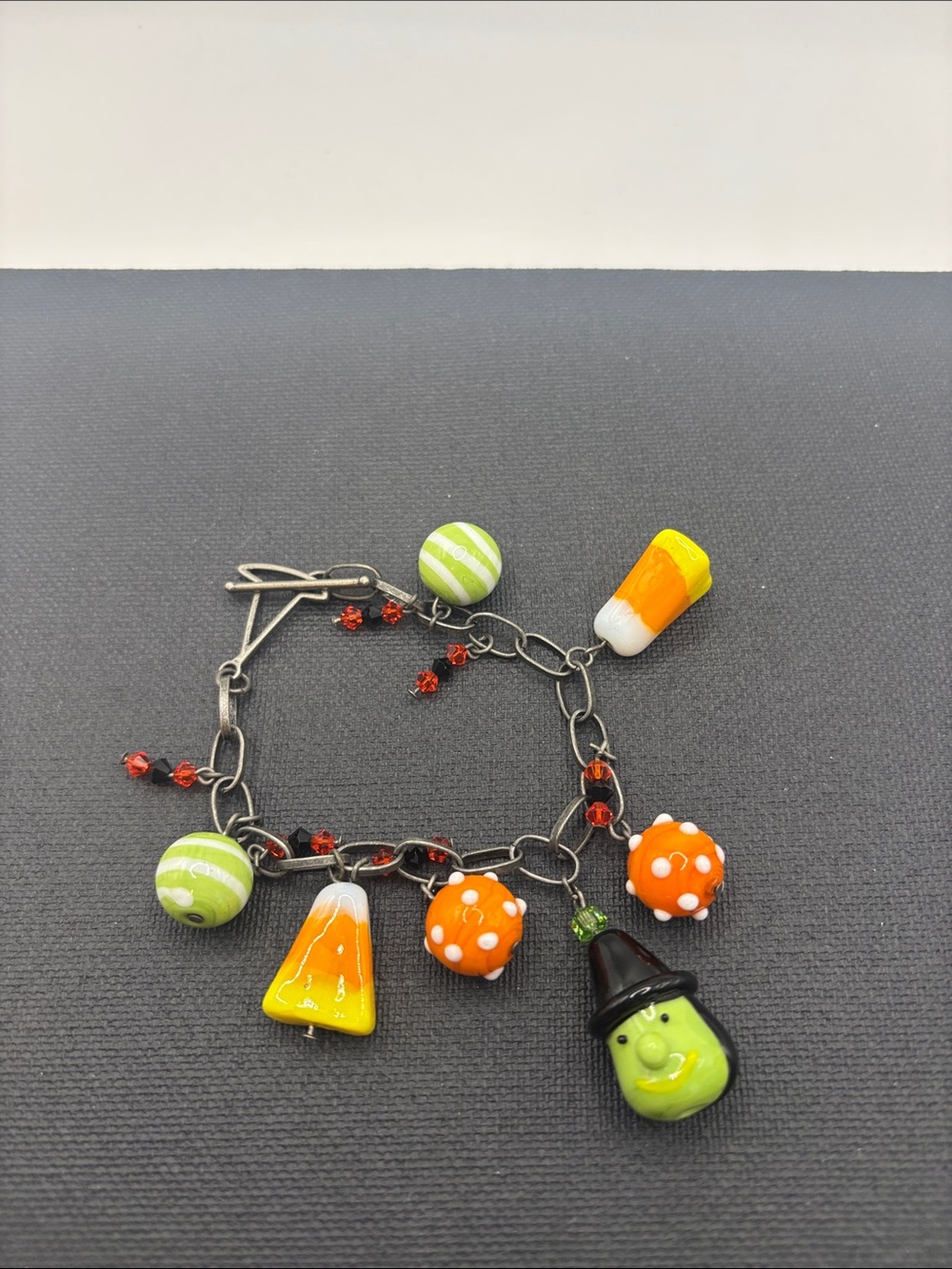 VTG Halloween Artisan Lamp work Glass Beads Charm Bracelet Candy corn Handmade